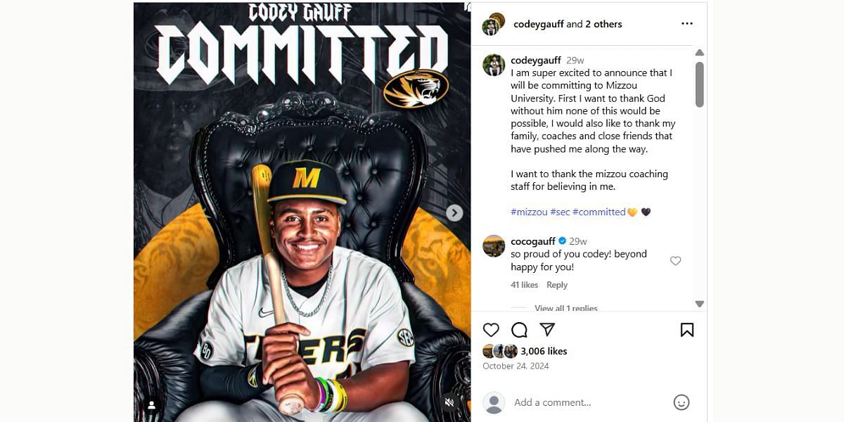 Comments on Coco Gauff's brother Codey's Instagram post (Image: Instagram)